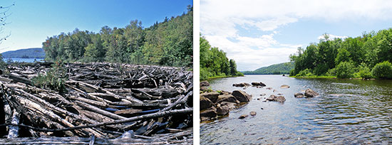 View of the Isaïe Lake outlet before and after the dam was dismantled