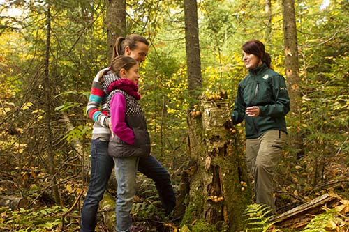 Une naturaliste de Parcs Canada montre des champignons à une mère et à sa fille dans un sentier