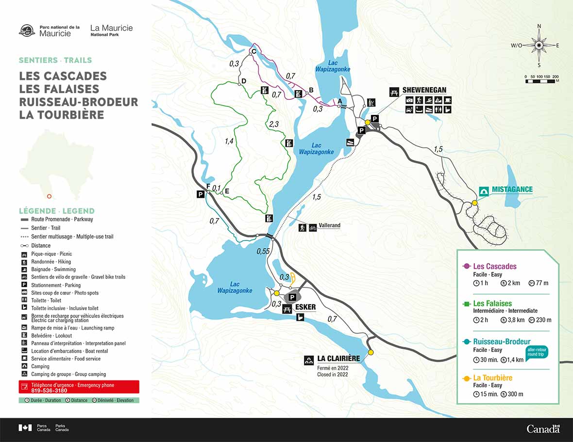 Carte des sentiers Les Cascades, Les Falaises, Ruisseau-Brodeur et La Tourbière