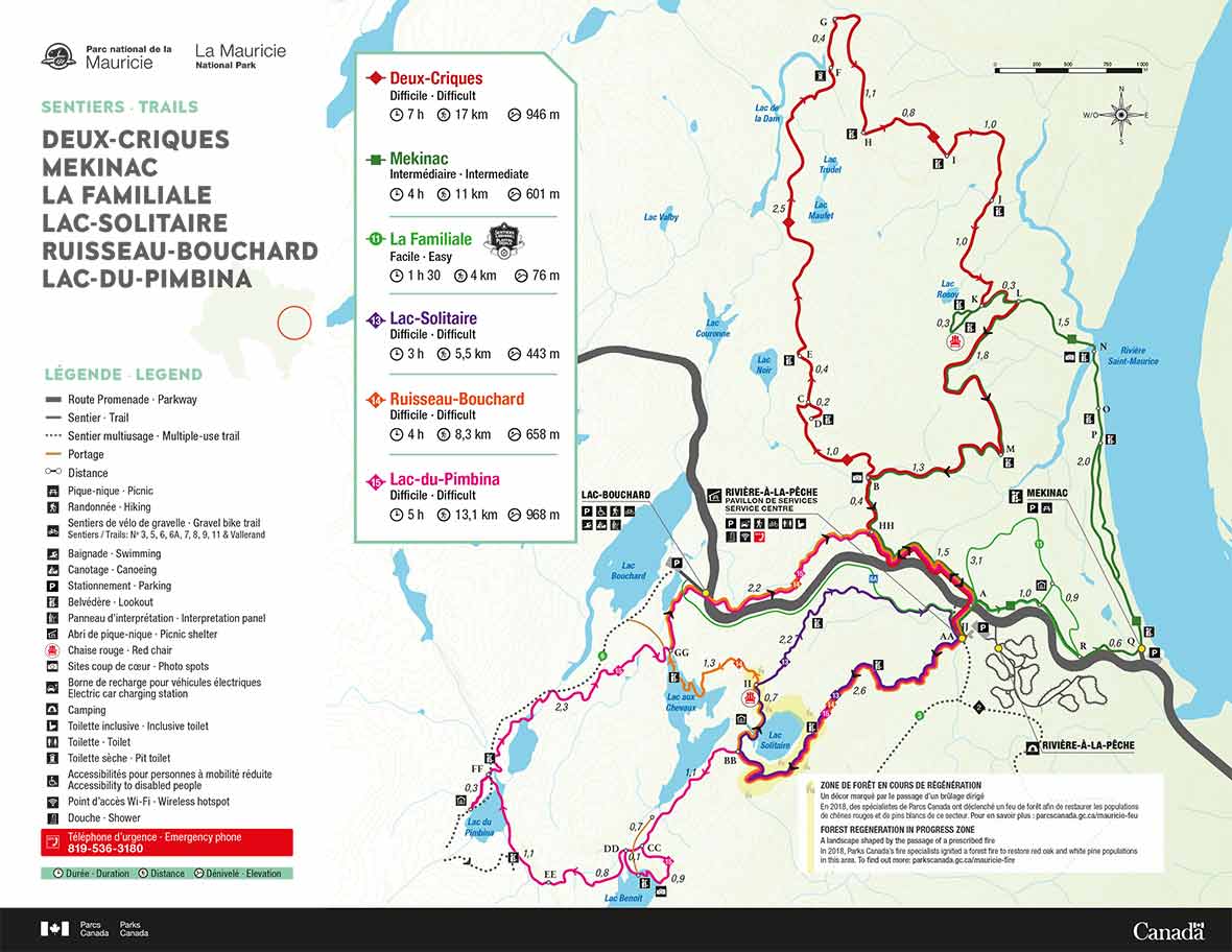 Carte des sentiers Deux-Criques, Mekinac, La Familiale, Lac-Solitaire, Ruisseau-Bouchard et Lac-du-Pimbina
