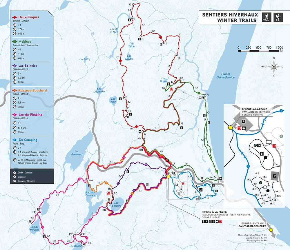 Map of the snowshoing trails: Du Camping, Lac-Solitaire, Ruisseau-Bouchard, Lac-du-Pimbina, Mekinac and Deux-Criques