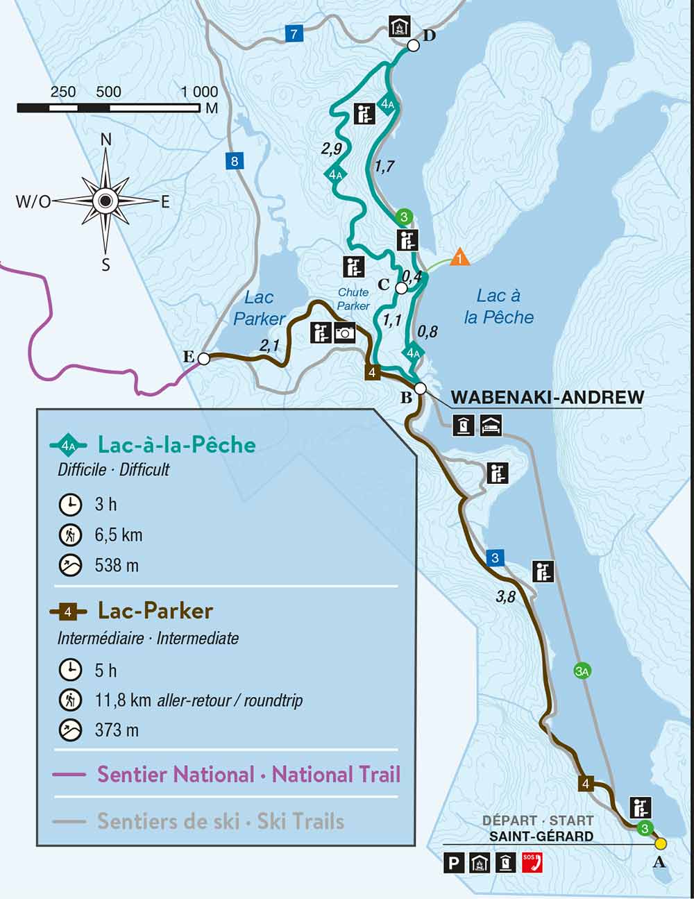 Carte des sentiers de raquette Lac-Parker et Lac-à-la-Pêche