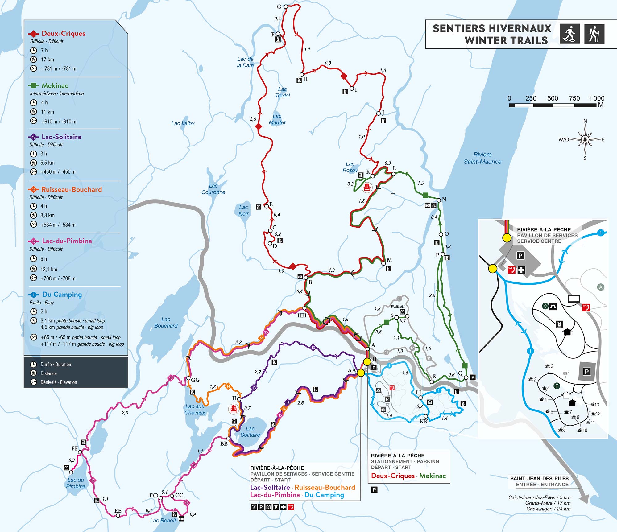 Carte des sentiers de raquette secteur Du Camping, Lac-Solitaire, Ruisseau-Bouchard, Lac-du-Pimbina, Mekinac et Deux-Criques