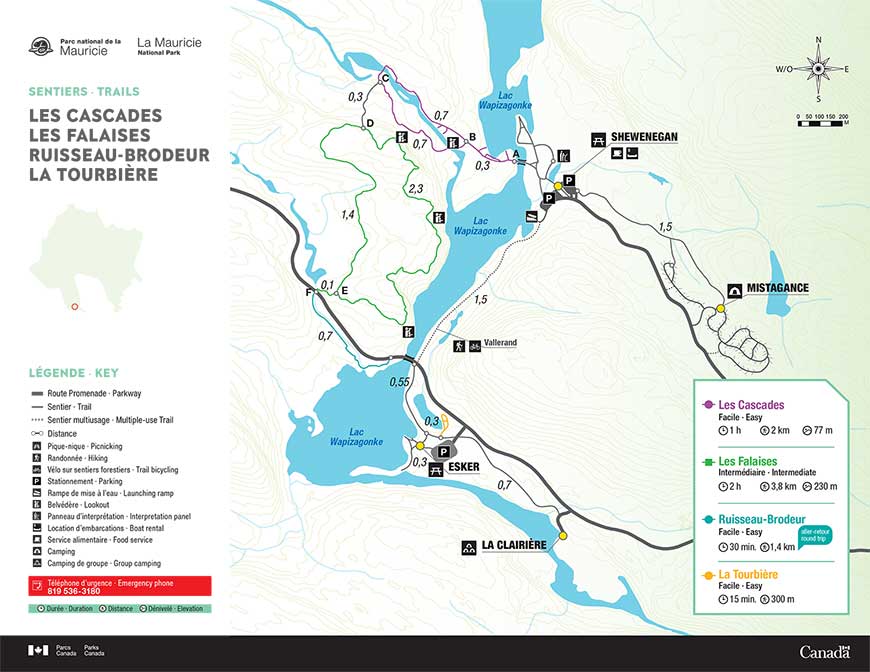 Carte des sentiers Les Cascades, Les Falaises, Ruisseau-Brodeur et La Tourbière