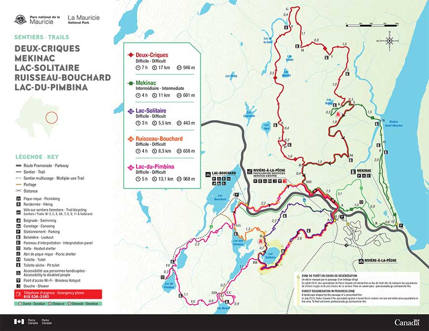 Carte des sentiers Deux-Criques, Mekinac, Lac-Solitaire, Ruisseau-Bouchard et Lac-du-Pimbina