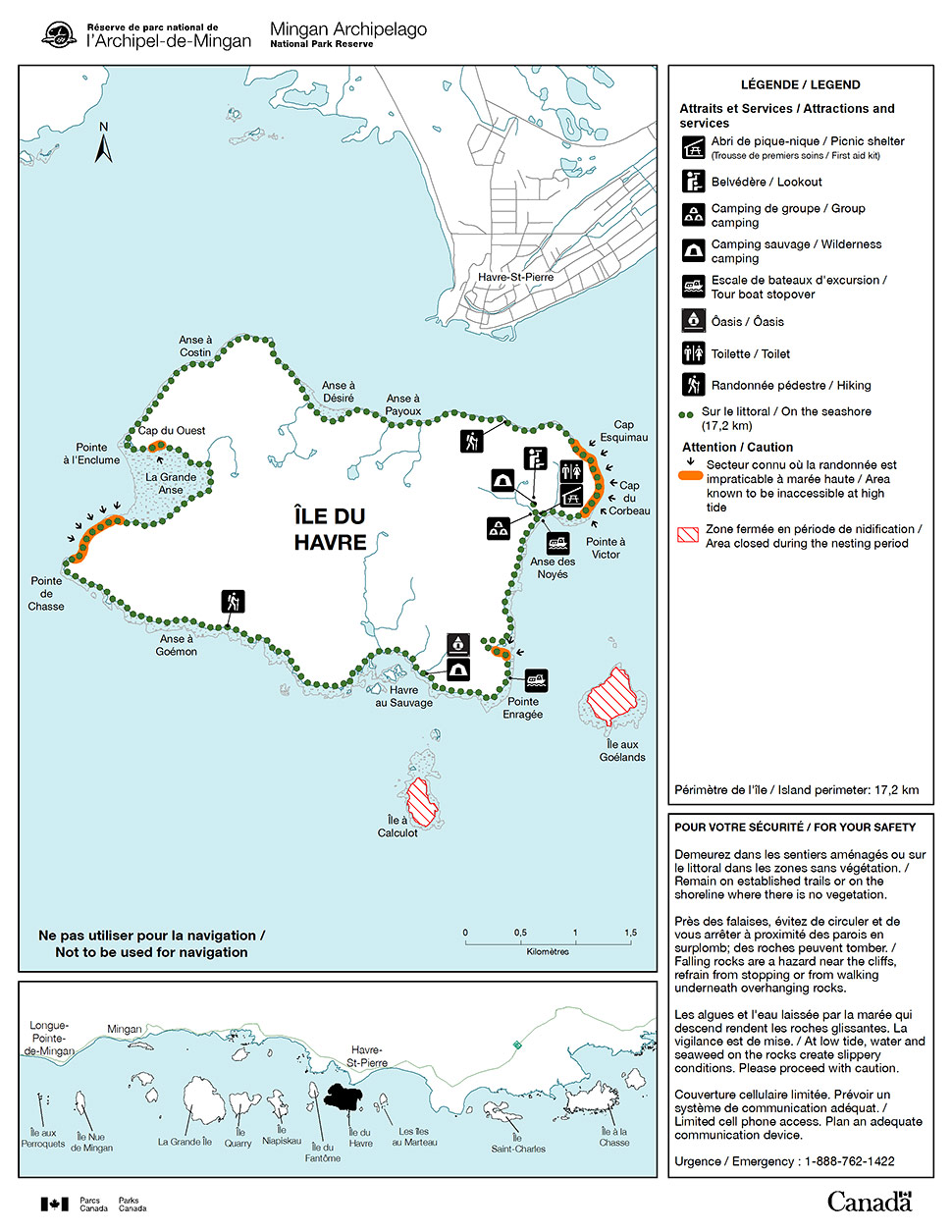 Carte des sentiers et des installations de l'île du Havre