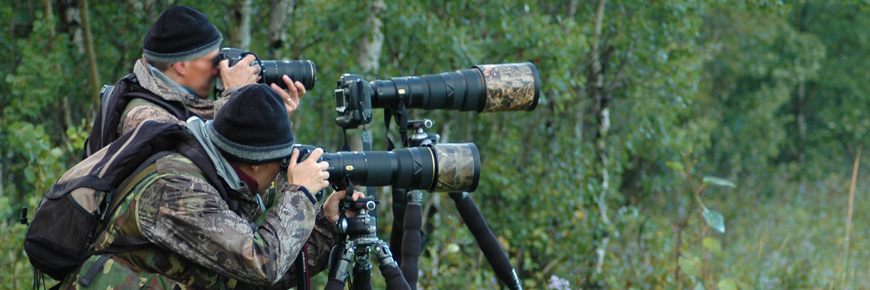 Two men use large lenses on their cameras while taking photographs. 
