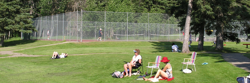 A group of visitor relax on the lawn as people play tennis in the background. 