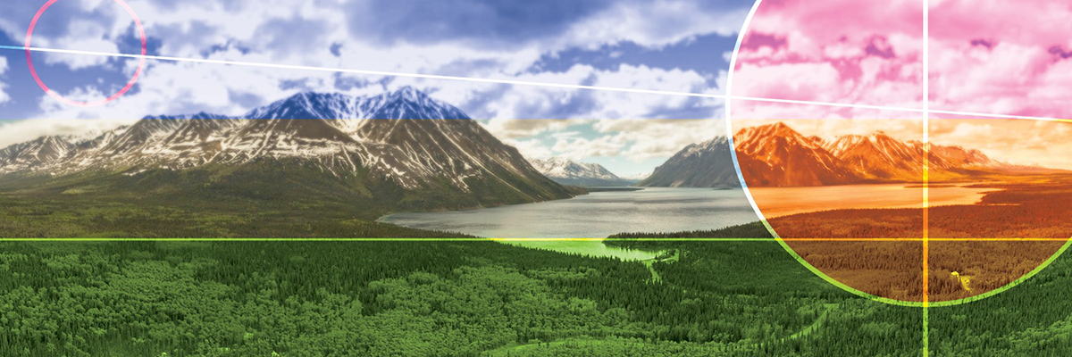 Superposition de formes graphiques sur une vue panoramique sur les montagnes et le lac dans le parc national et la réserve de parc national Kluane