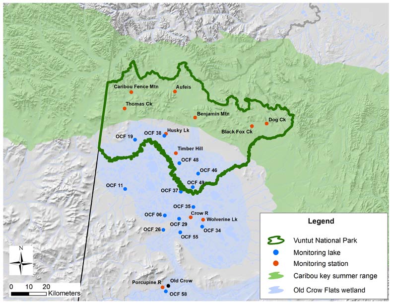 Map of area in and around Vuntut National Park showing locations of monitoring sites, monitoring lakes, key caribou summer range and extent of Old Crow Flats wetland