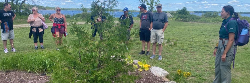 Des visiteurs admirent un jardin de plantes médicinales en compagnie d'un membre du personnel de Parcs Canada par une journée d'été ensoleillée. 
