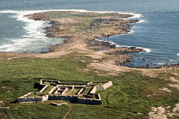 Aerial view of Prince of Wales Fort and coastline.