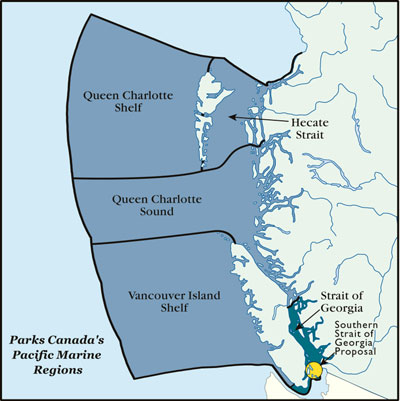 Map shows the Pacific Coast Marine Regions, with the Strait of Georgia Marine Region in dark green