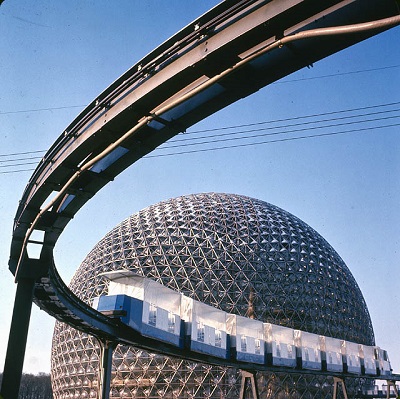 Photograph depicts the United States Pavilion and the Minirail at Expo 67 in Montreal. © Bibliothèque et Archives Canada | Library and Archives Canada / e000990869