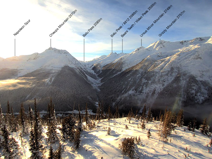 View of Sir Donald Range in Glacier National Park, Canada.  Features visible include: Mount Sir Donald, Uto Peak, Eagle Peak, Avalanche Mountain, Terminal Peaks and the Illecillewaet valley.